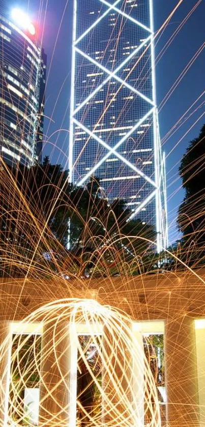 City skyline with dynamic light trails at night, featuring skyscrapers.