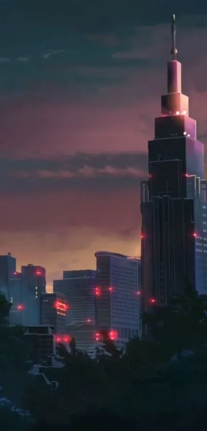 City skyline at dusk with glowing windows and a purple sky.