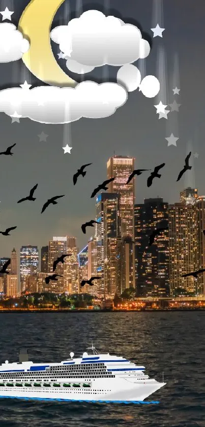 City skyline at night with cruise ship and moon in view.