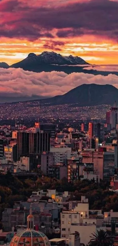 Vibrant cityscape with mountains at sunset, showcasing a colorful skyline.