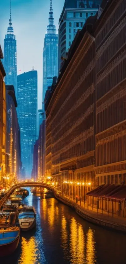 Twilight cityscape with canal and towering buildings.