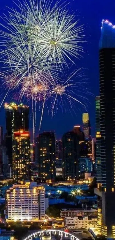 Night city skyline with vibrant fireworks display above skyscrapers.