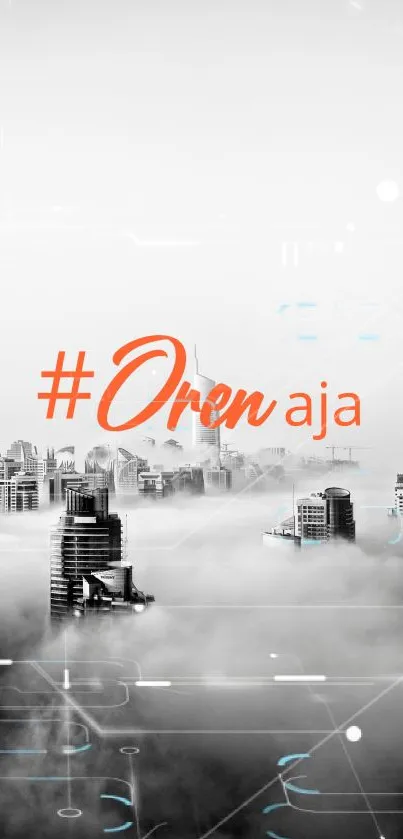 City skyline with orange text overlay in fog.