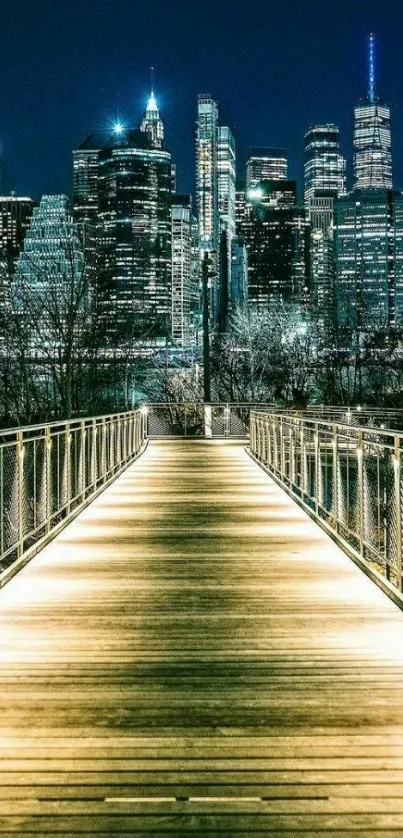 Illuminated boardwalk leading to a city skyline at night.