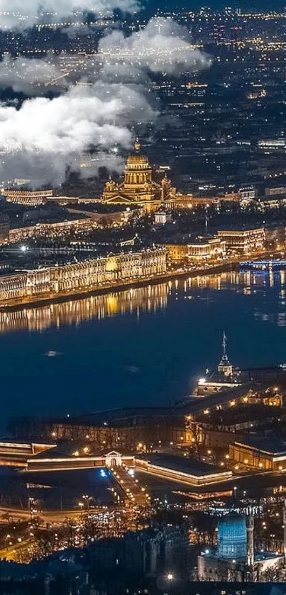 A vibrant city skyline at night with bright lights and water reflections.