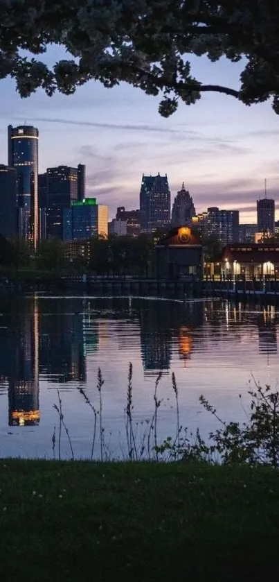 Reflective cityscape at dusk with serene waters and urban skyline.