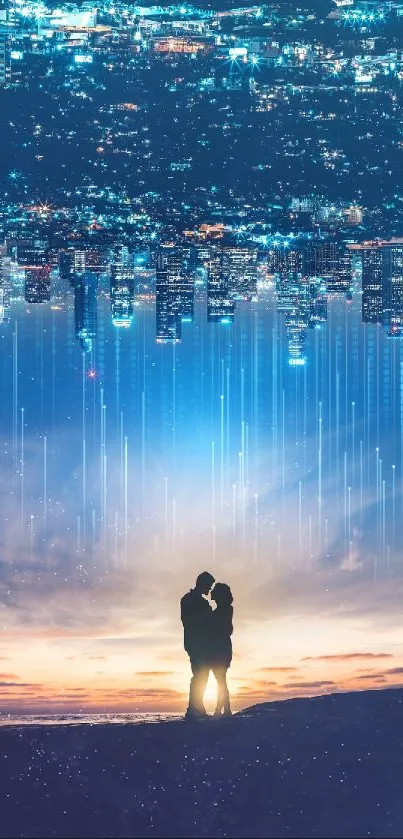 Romantic couple silhouetted against city skyline in stunning mobile wallpaper.