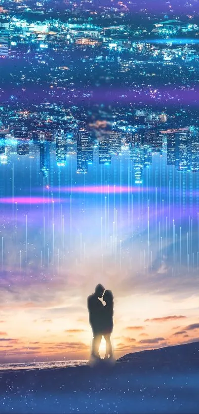 Romantic couple silhouette with city skyline and sunset backdrop.