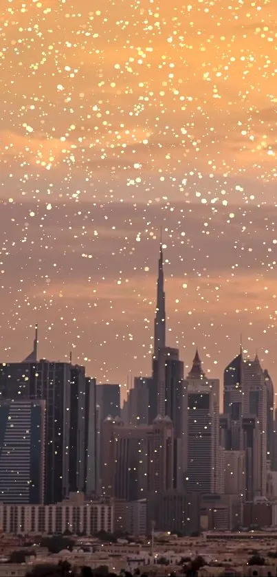 Golden city skyline under snow effect, stunning wallpaper.