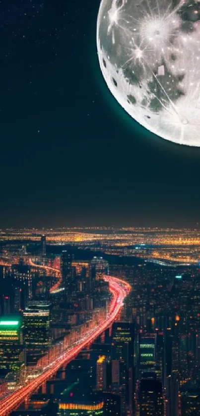 City skyline illuminated by moonlight and urban lights at night.