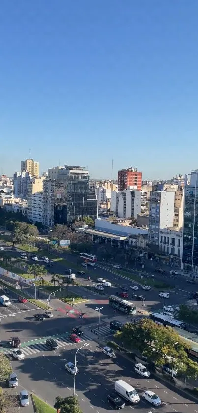 City skyline under clear blue sky with traffic, buildings, and bustling life.