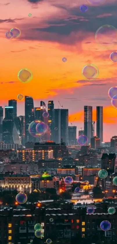 City skyline with sunset and floating bubbles.