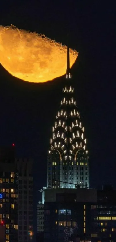 Illuminated city skyline with a large golden moon in the night sky.