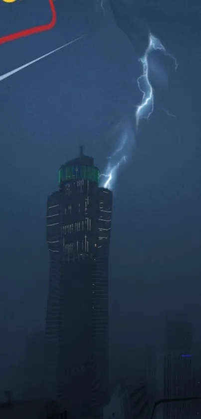 Lightning bolt strikes city skyscraper at night.