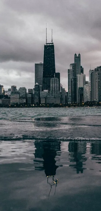 City skyline with cloudy sky and water reflection.