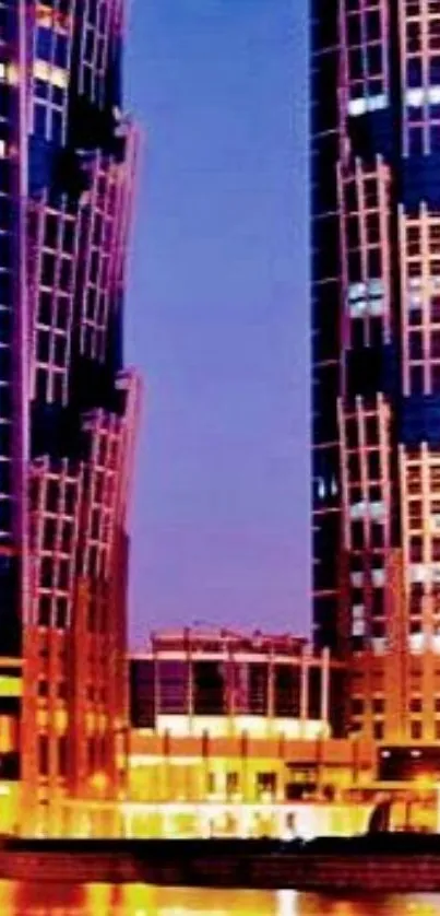 Night view of city skyscrapers with reflections and glowing lights at dusk.