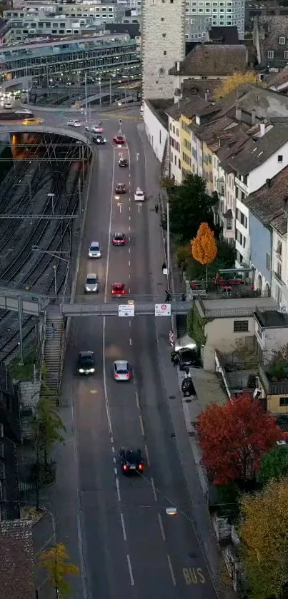 Aerial view of a bustling city street with vibrant autumn colors and architecture.