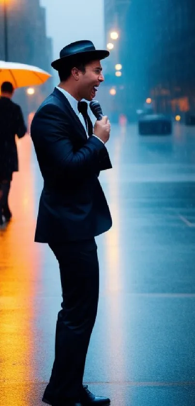 Man singing in the rain on a city street with glowing lights reflecting on wet pavement.