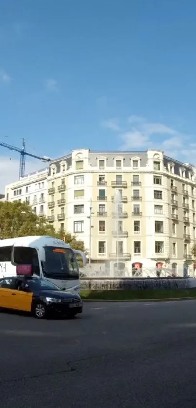 Classic building with urban traffic under a blue sky scene.