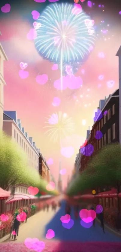 Vibrant city street with fireworks and hearts.