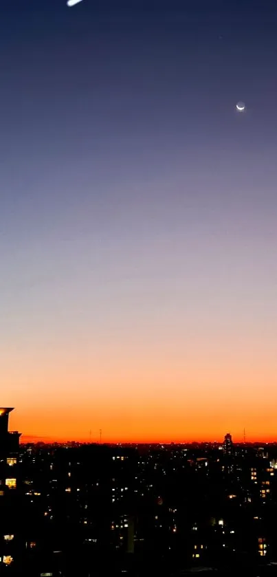 City skyline at sunset blending into night.