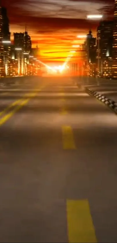 Cityscape sunset road with glowing skyline.