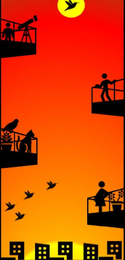 Silhouette of cityscape at sunset with figures and flying birds in vibrant colors.