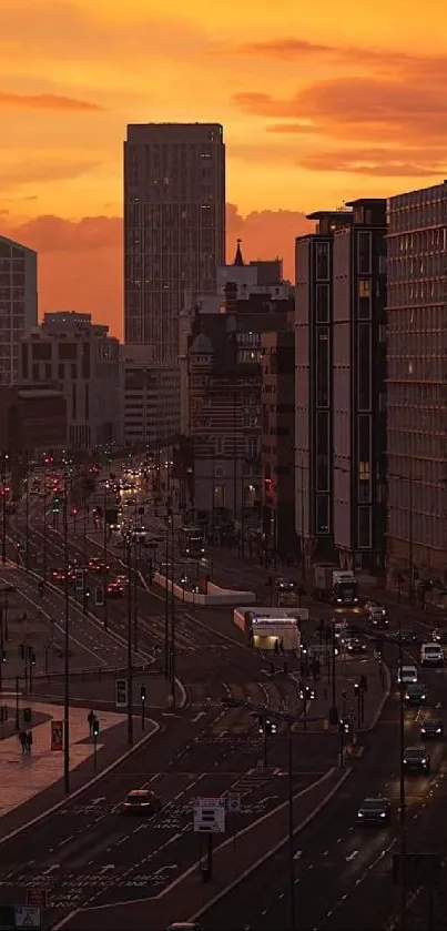 A vibrant city skyline at sunset with an orange sky.