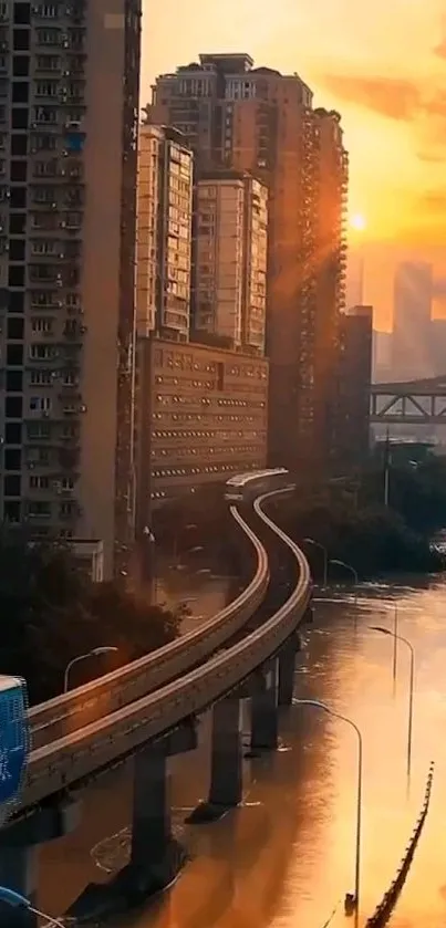 Train moving amidst high-rise buildings at sunset with vibrant orange sky.