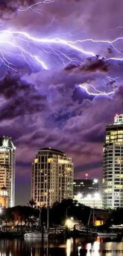 Vibrant night cityscape with lightning storm background.