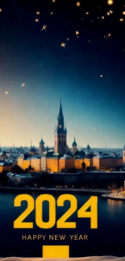 2024 city skyline with stars and New Year greeting.