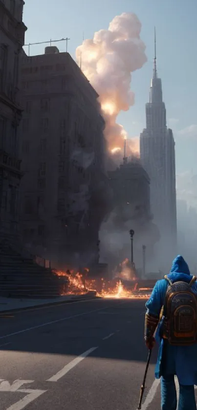 Lone figure in blue coat on fiery city street with skyscrapers.