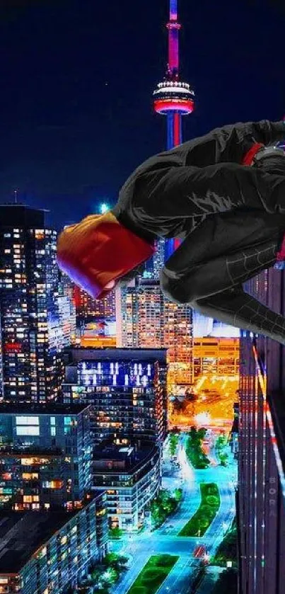 Daring figure climbs city skyscraper at night with vibrant skyline background.