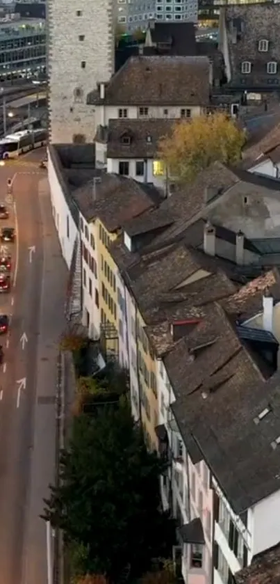 Aerial view of historic city with charming streets and architecture.