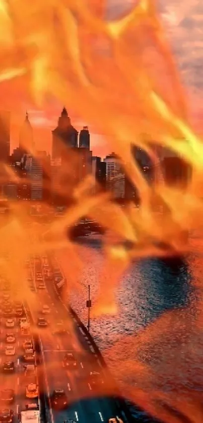 Dynamic cityscape wallpaper with fiery overlay.