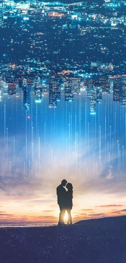 Romantic couple silhouette with cityscape and sunset.