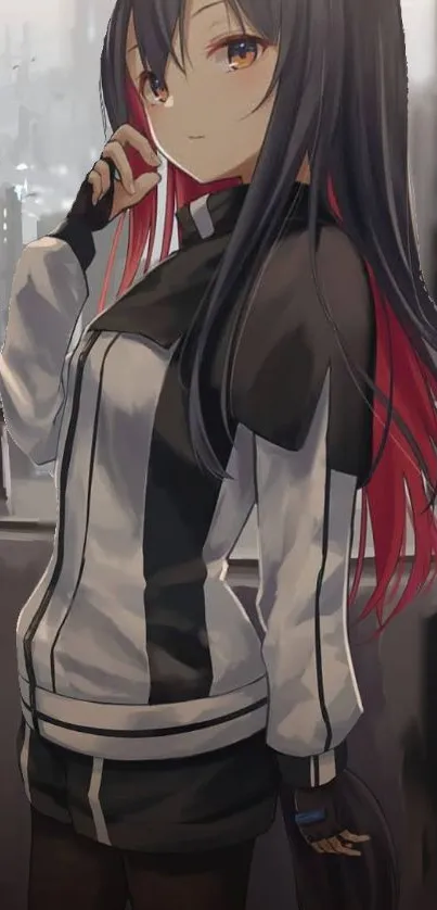 Anime character with black and red hair against a cityscape background.