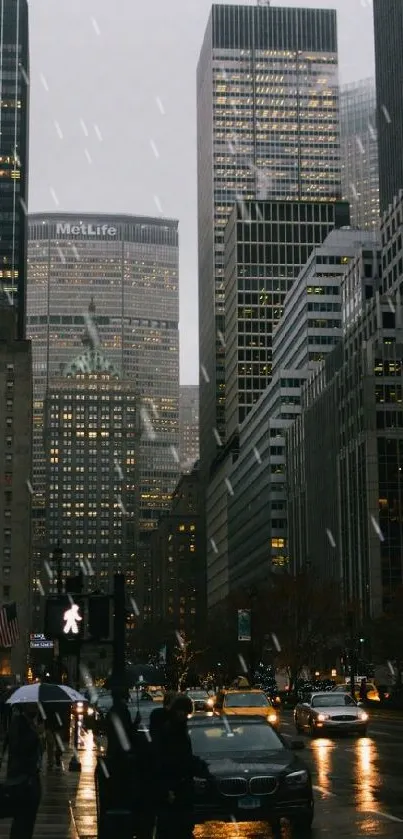 Dusk cityscape with tall skyscrapers and bustling street below, perfect for mobile phones.