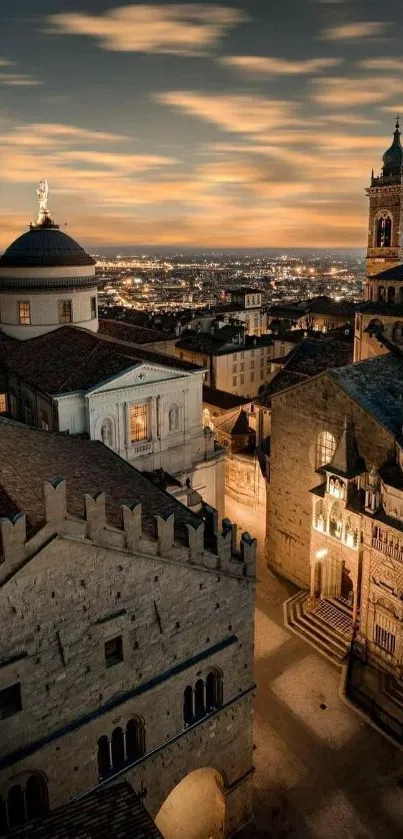 Evening cityscape with ornate historic buildings and city lights.