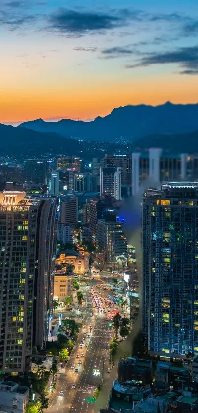 Vibrant cityscape at dusk with glowing urban skyline and sunset.