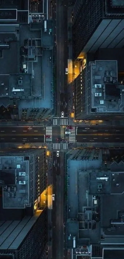 Aerial view of city streets at night.