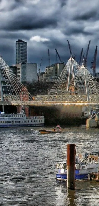 A striking cityscape with modern bridge and river.