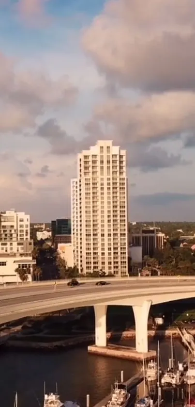 Scenic city skyline with bridge at sunset, capturing urban elegance.