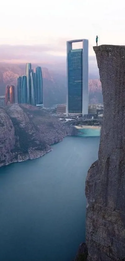 A scenic cityscape from a cliff with skyscrapers and a serene view.