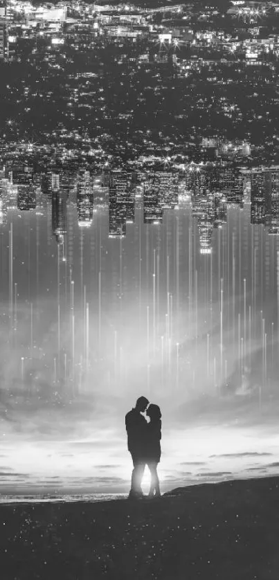 Inverted cityscape with couple silhouette and sky.