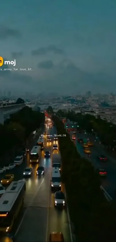 Evening city traffic scene with colorful lights on a busy urban road.