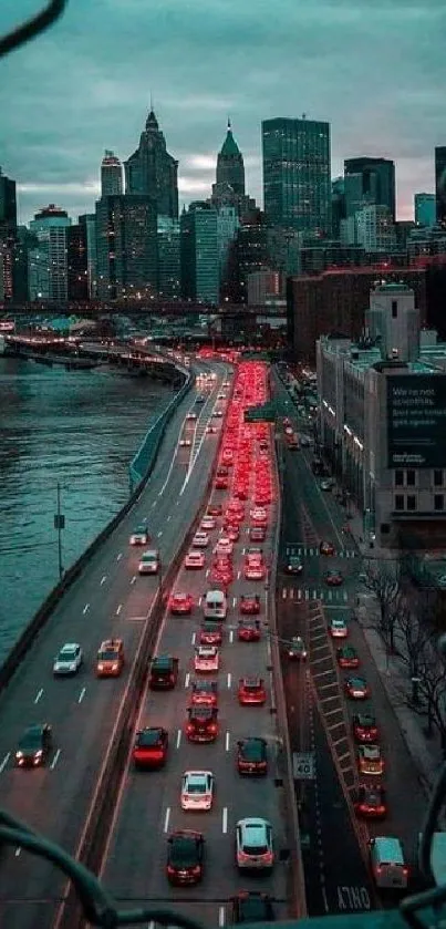 Evening cityscape with bustling traffic and glowing skyline.