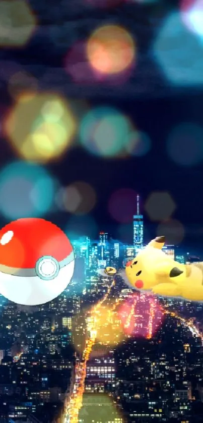 Night cityscape with Pikachu and Pokéball hovering above.