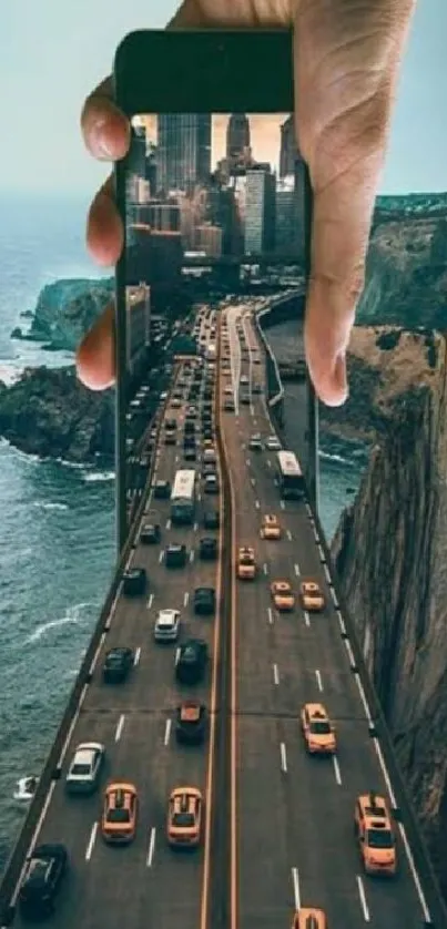 Surreal mobile wallpaper with city and cliff blend.