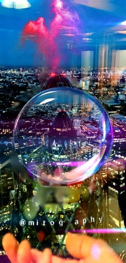 Magical cityscape reflected in a crystal sphere, blending urban lights with vivid hues.